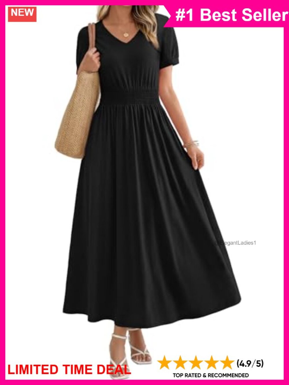 Maxi Dress V Neck A Line Smocked Waist Flowy Midi Long Summer Beach Casual